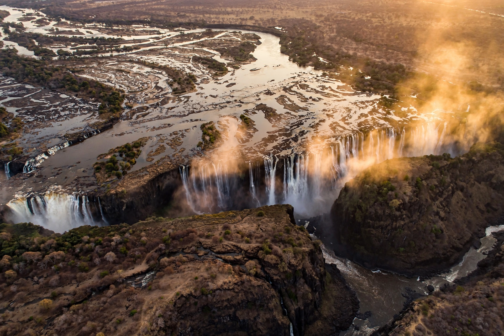 Aerial view of Victoria Falls at low water, the Zambezi river and the Batoka Gorge