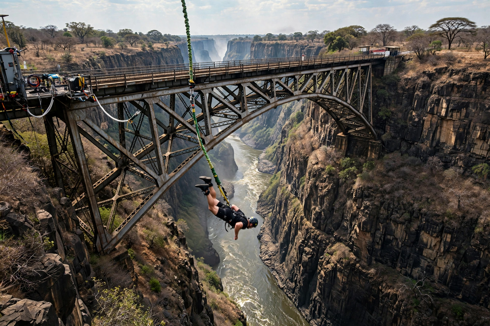 A bungee jumper leaping from the Victoria Falls Bridge over the Batoka Gorge
