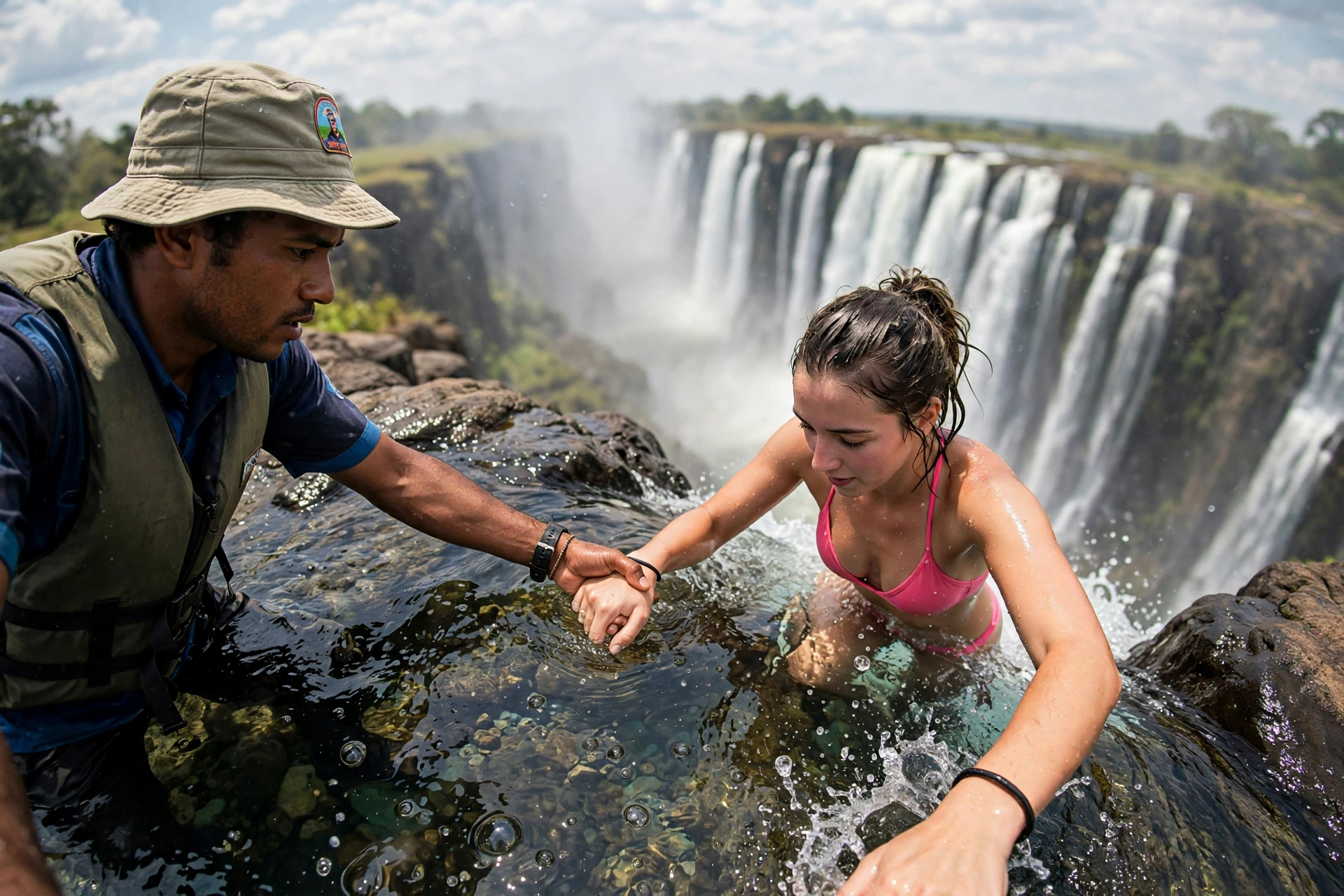 A guide holding a swimmer's hand at the edge of Devil's Pool, Victoria Falls