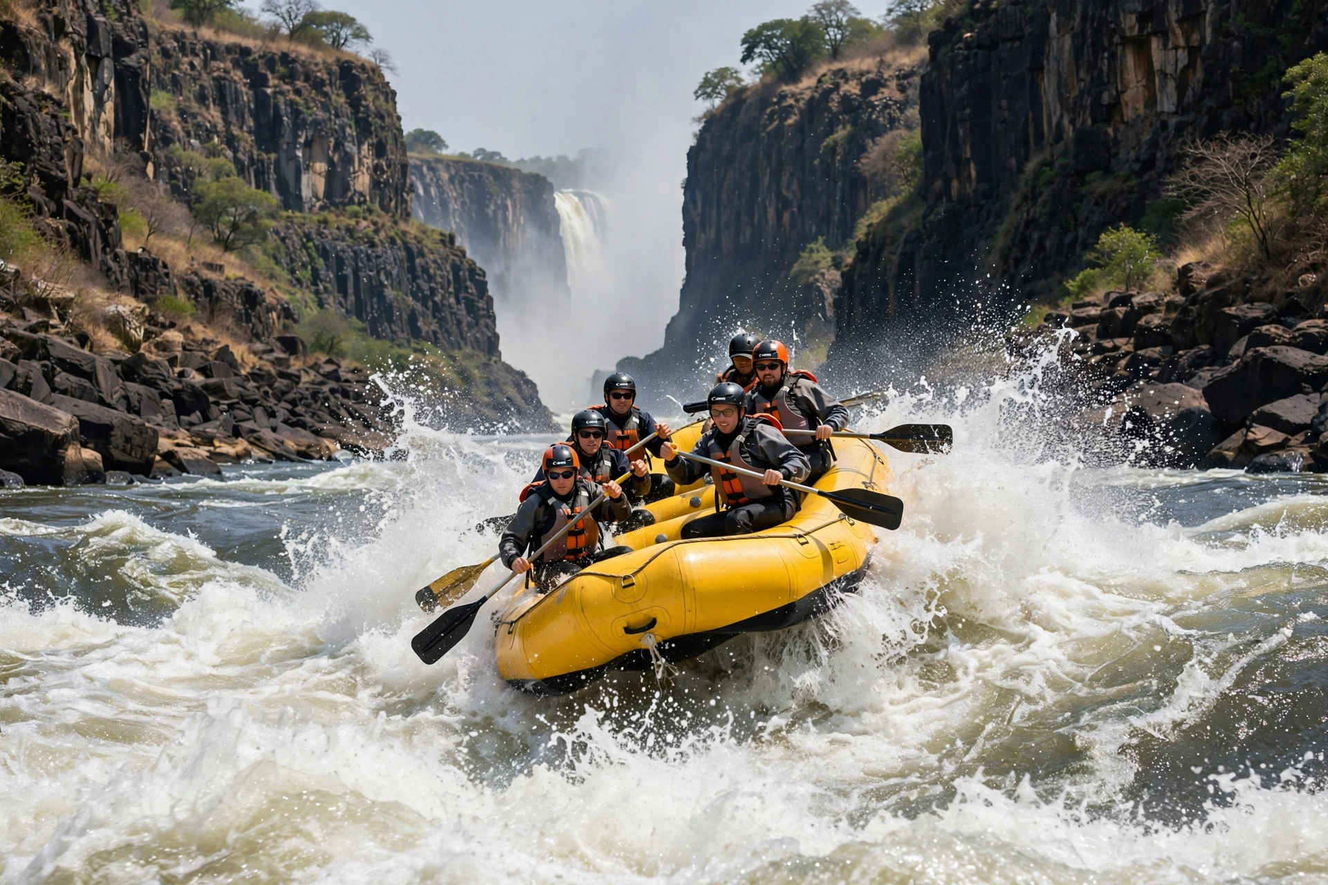 A raft crashing through rapids on the Zambezi River below Victoria Falls