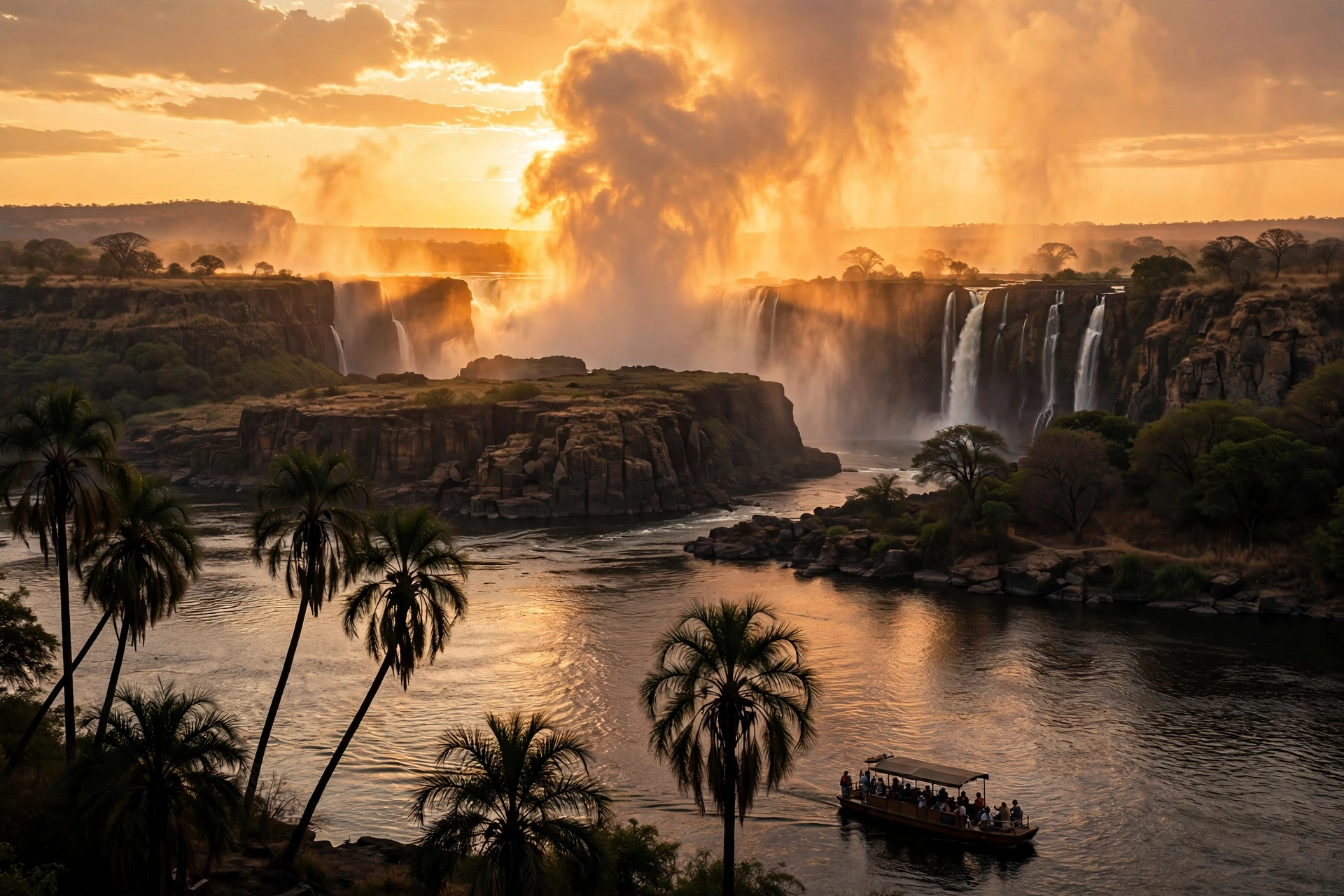 Sunset over Victoria Falls with the mist plume glowing orange