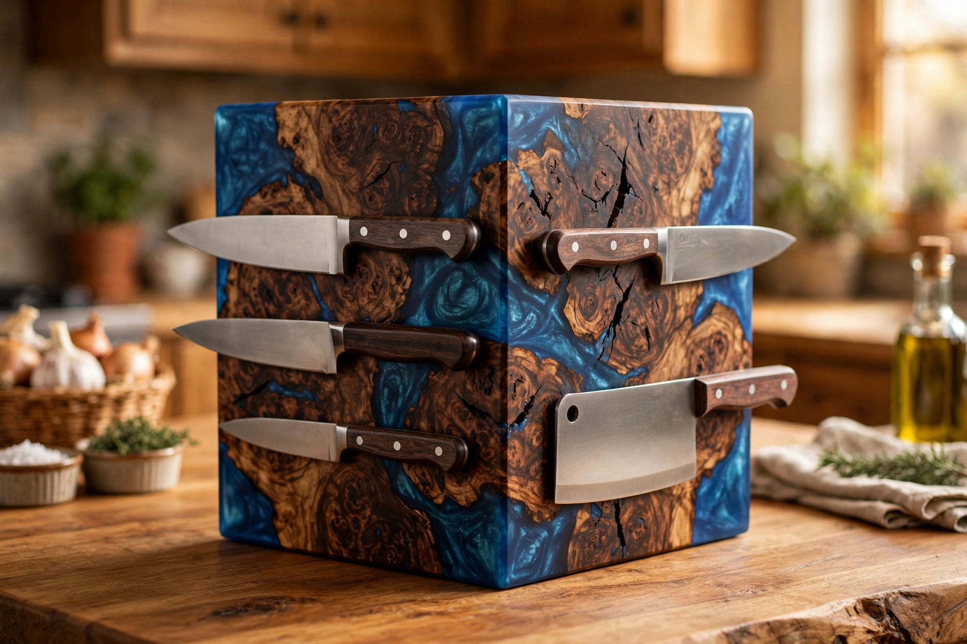 Knives displayed on both sides of the block, the double-magnet design uses the whole footprint
