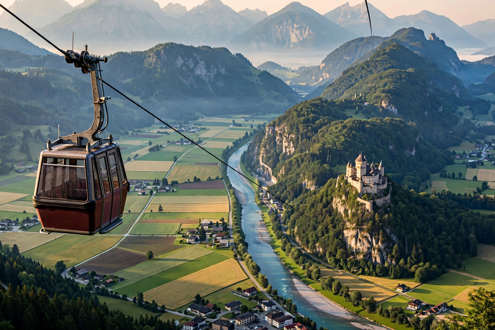 Cable car rising over the Salzach valley toward Eisriesenwelt, Hohenwerfen Castle visible below