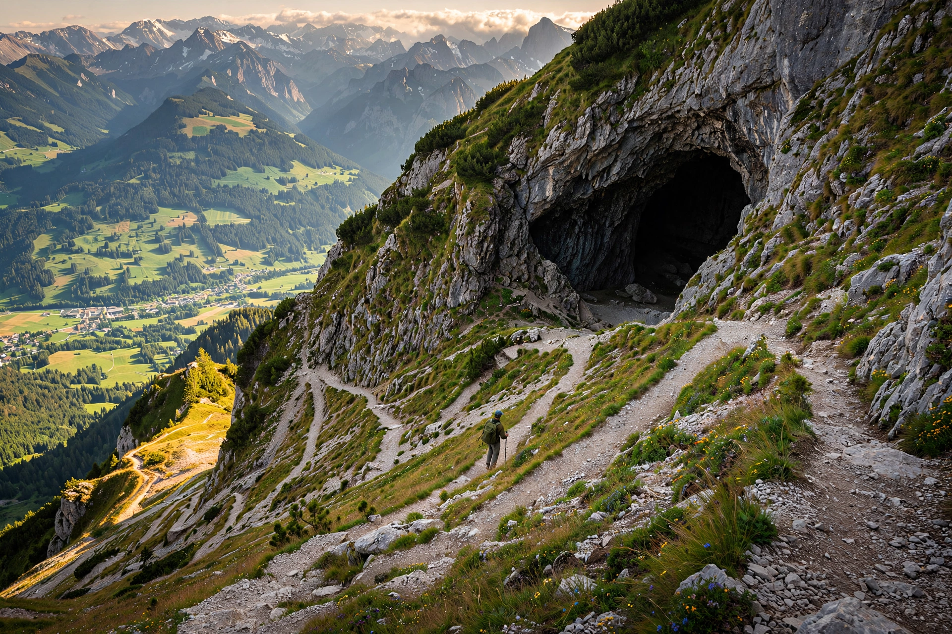 The dramatic black cave entrance of Eisriesenwelt opening in the Austrian alpine mountainside