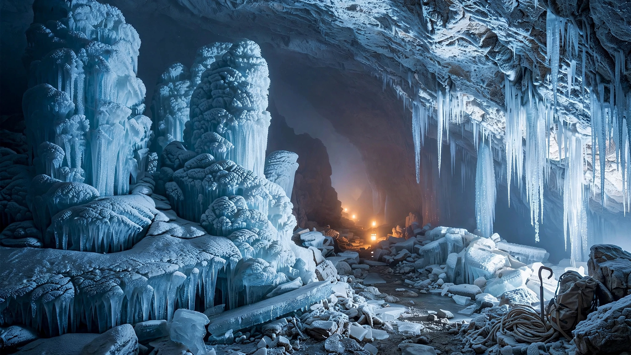 Giant frozen ice formations inside Eisriesenwelt, the world's largest ice cave in Austria