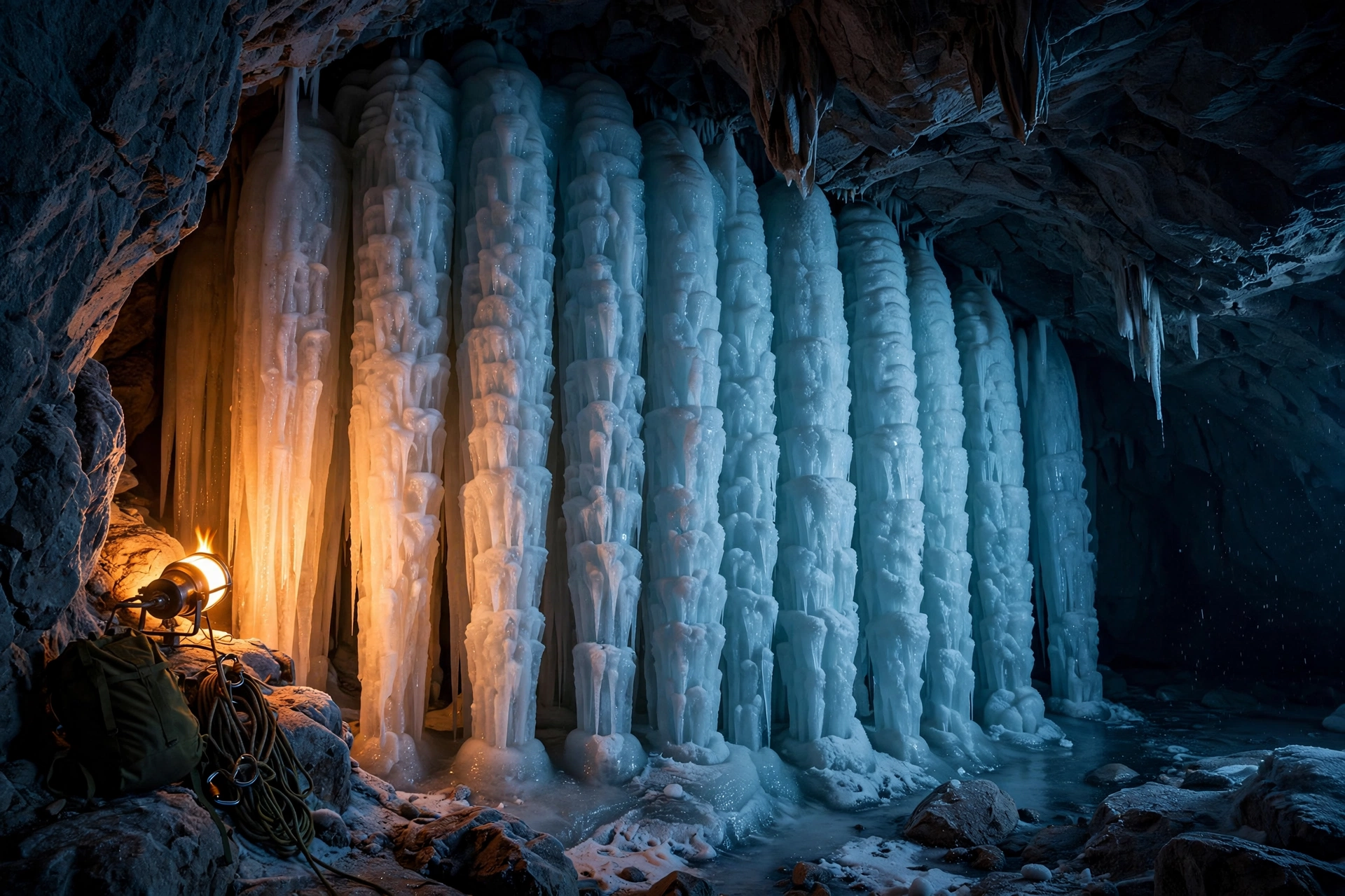 The Ice Organ formation, vertical ice columns lit by warm lamplight inside Eisriesenwelt
