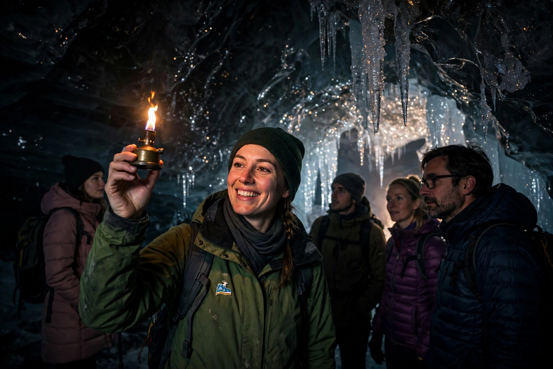 Tour guide holding a flickering carbide lamp, lighting visitors inside the dark Eisriesenwelt ice cave