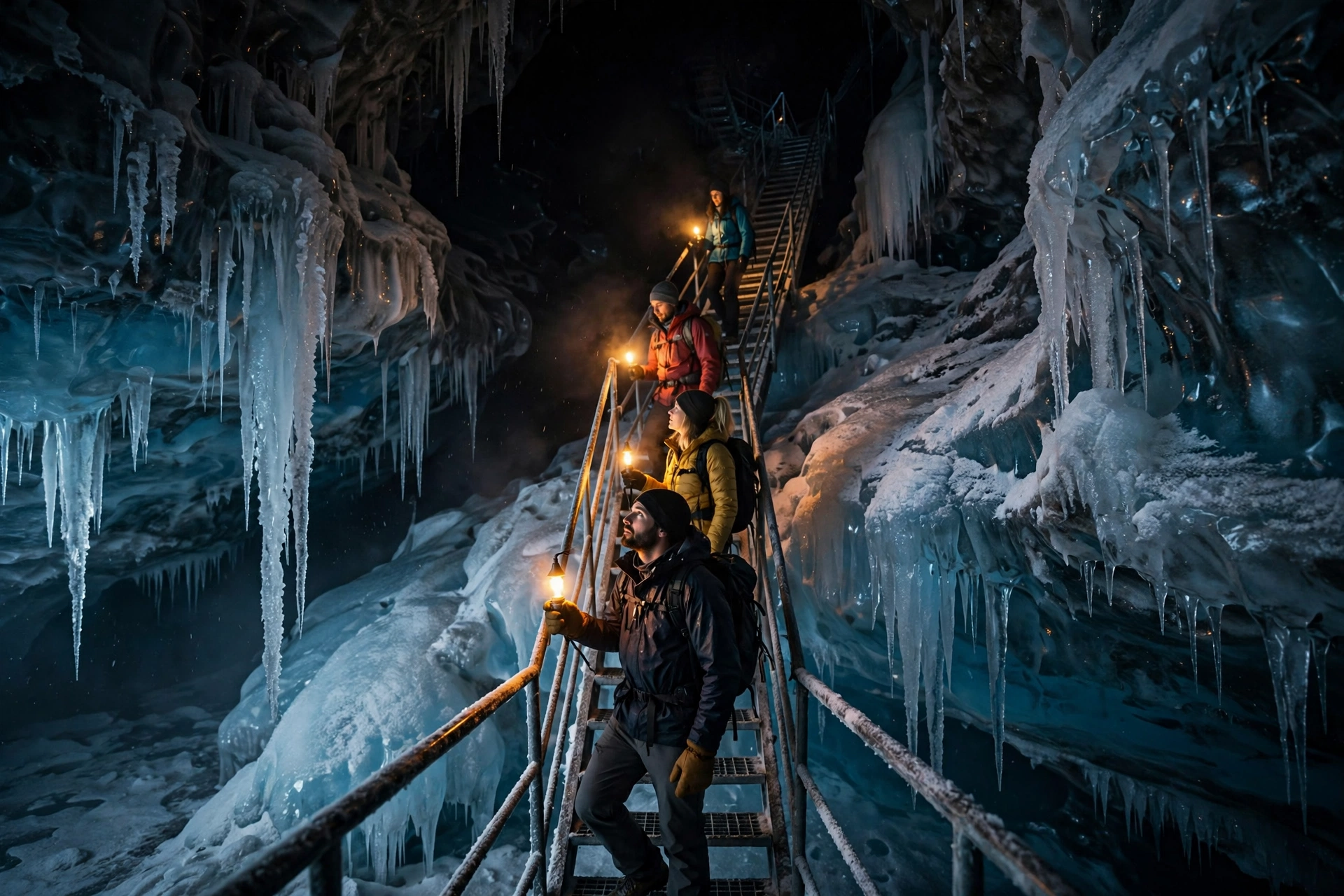 Visitors climbing the icy metal staircase inside Eisriesenwelt, holding glowing carbide lamps