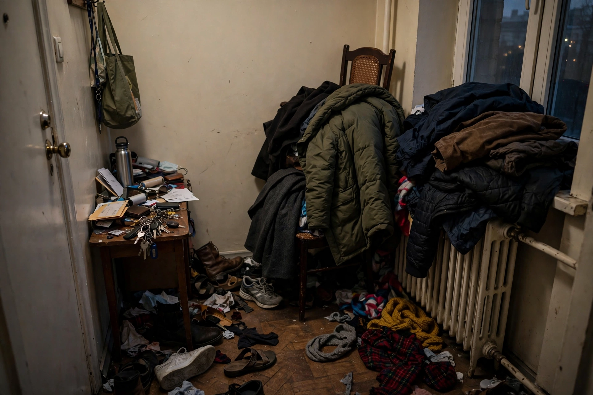 Messy apartment entryway with coats piled on a chair, scarves on the floor and scattered shoes before organization