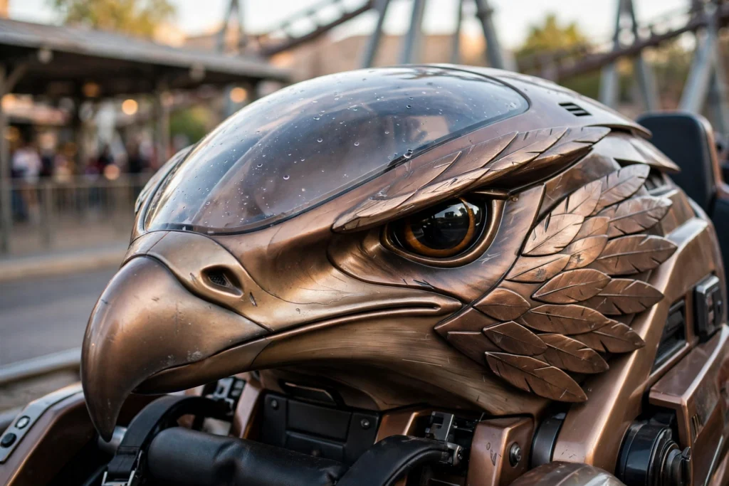 Close-up of the falcon-head shaped lead car of Falcon's Flight with aerodynamic windshield
