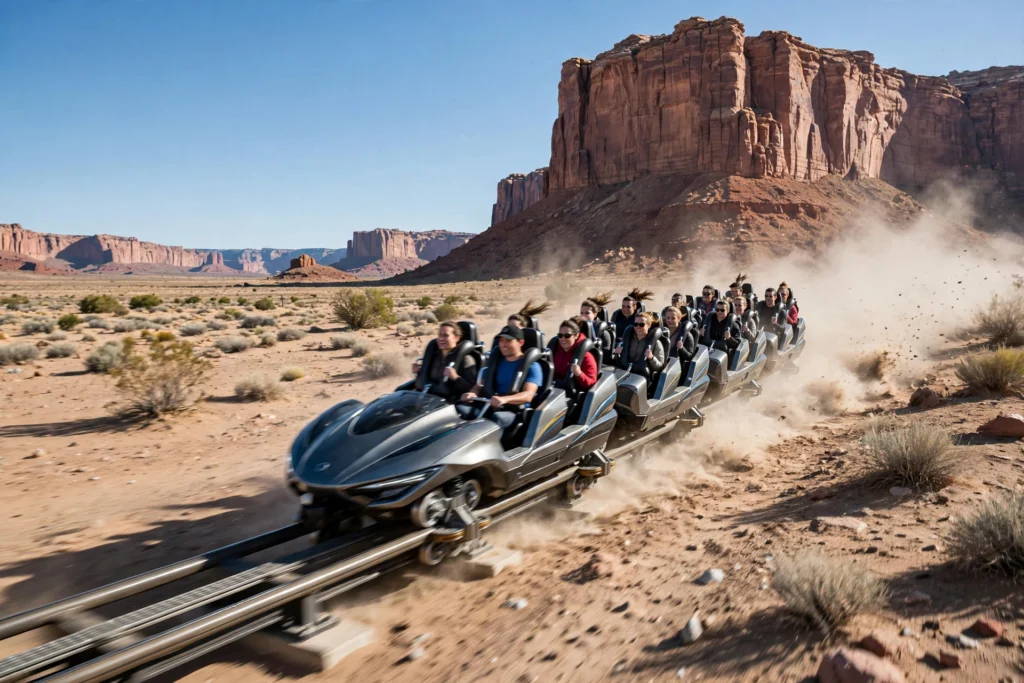 Roller coaster train being magnetically launched across the desert toward a towering cliff
