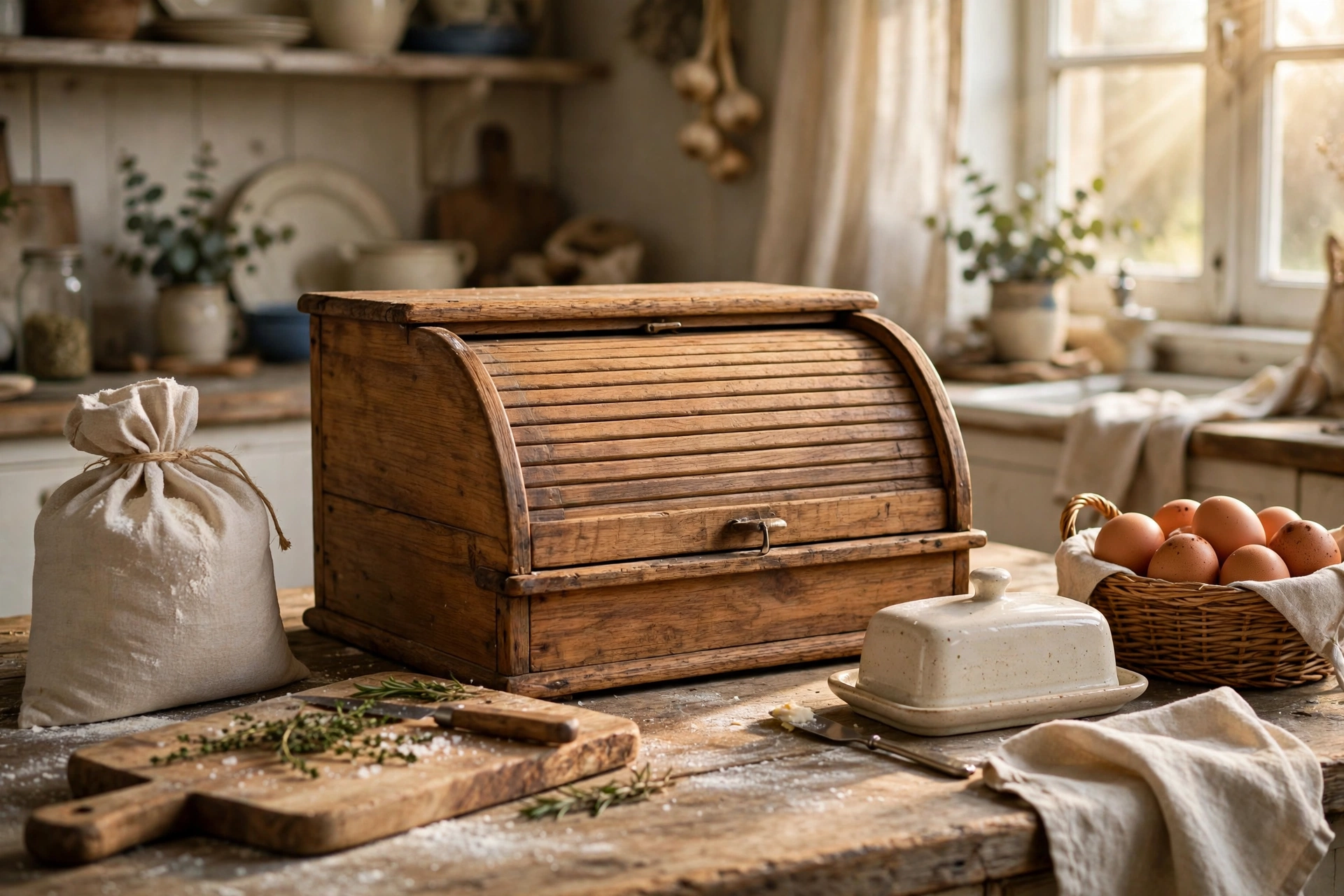 Cozy farmhouse kitchen counter with wooden bread box, cutting board and baking items
