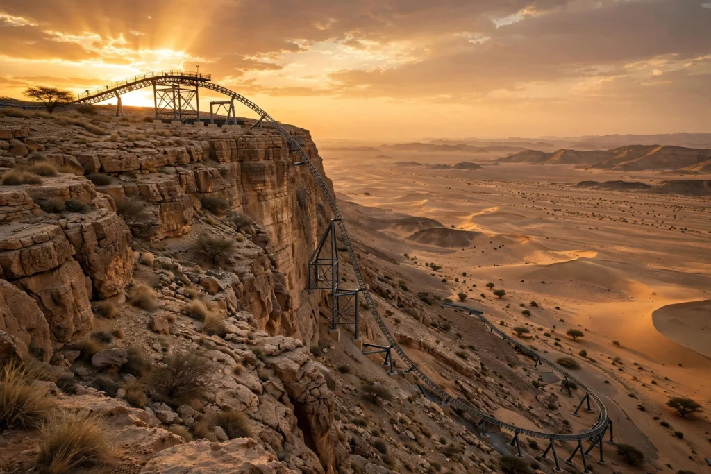 Falcon's Flight roller coaster towering over the desert at Six Flags Qiddiya City at sunset, the world's tallest and fastest coaster