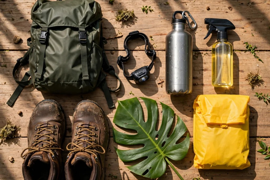 Flat lay of essential jungle trekking gear for the Lost City trek: hiking boots, backpack, headlamp, water bottle and rain poncho