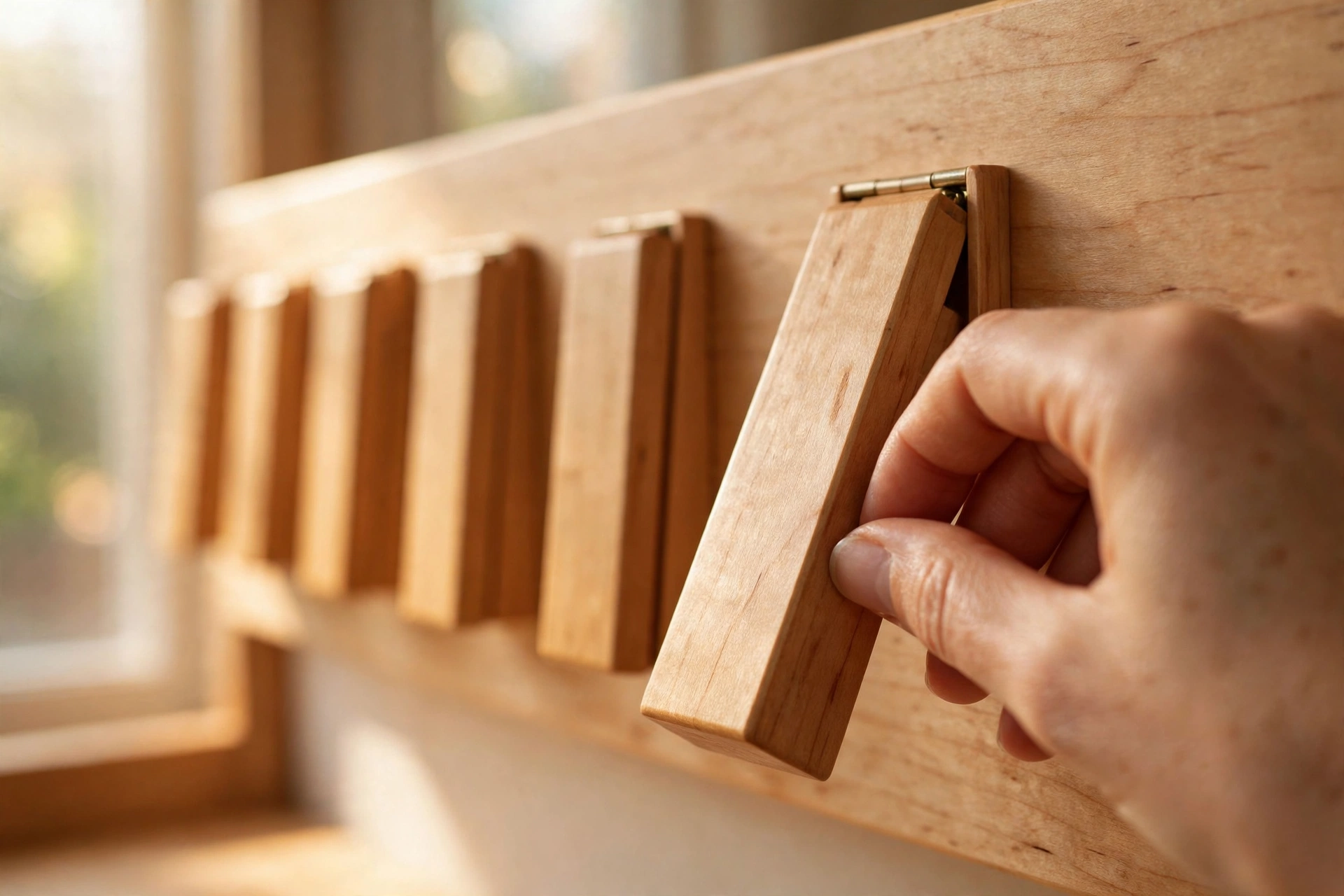 Close-up of a wooden flip-down hook on a piano-key style coat rack being flipped down by hand