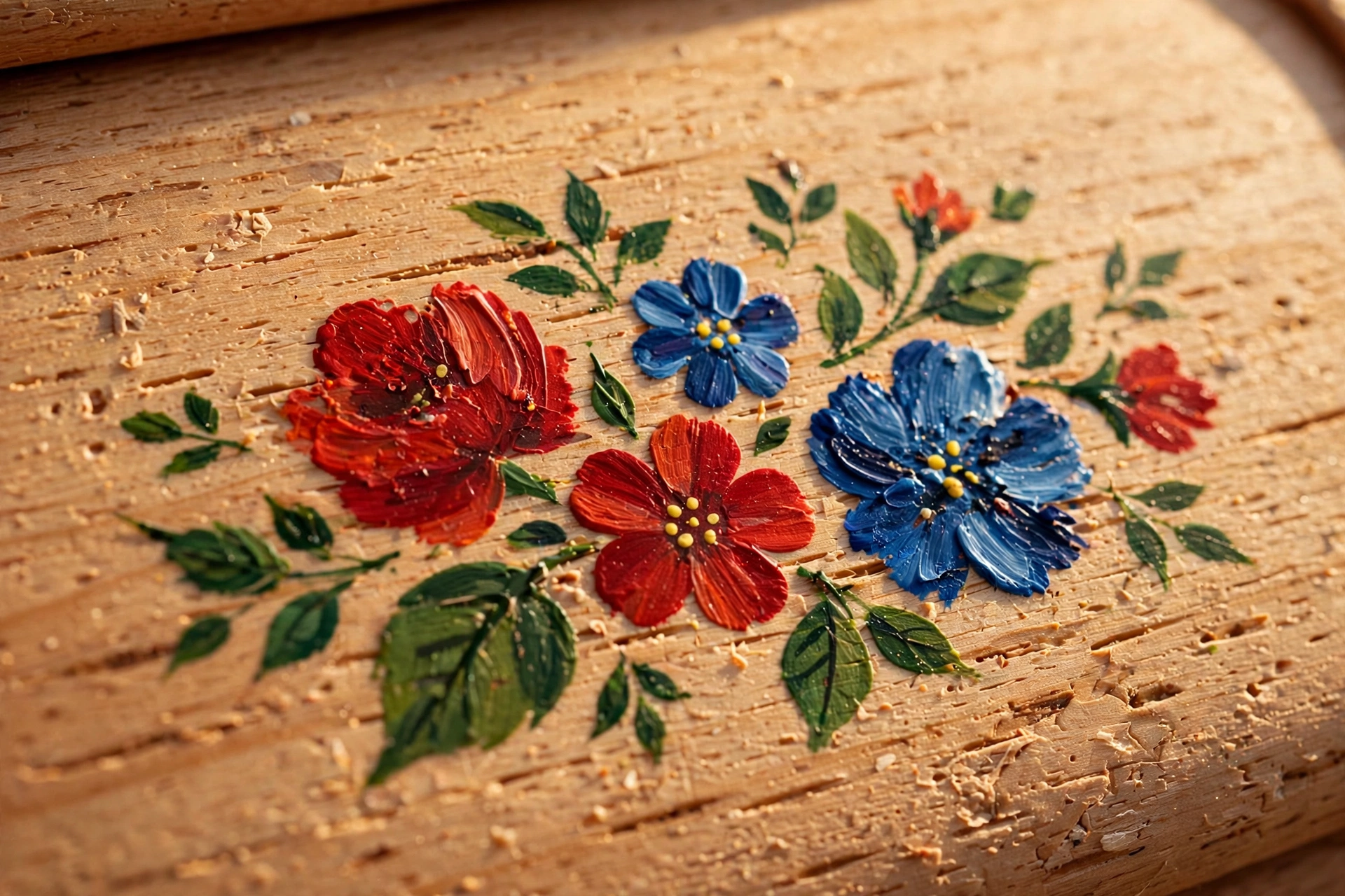 Close-up of hand-painted colorful floral folk art on natural beech wood grain