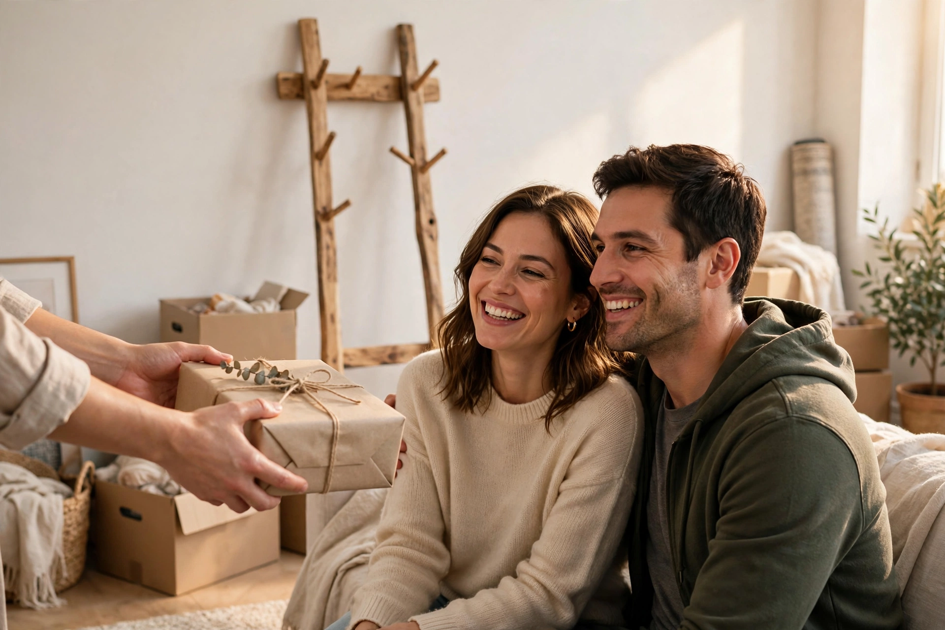Couple receiving a handmade wooden coat rack as a housewarming gift in a new apartment