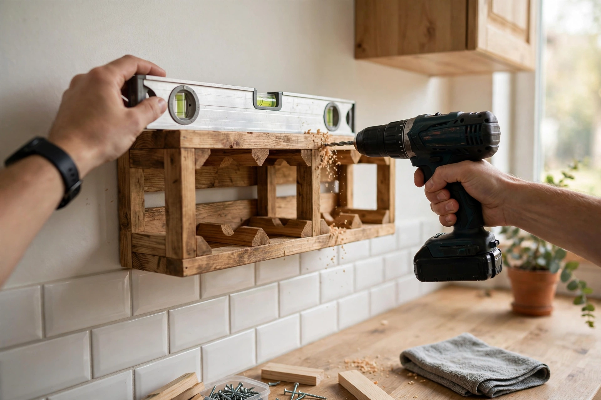 Hands mounting a wooden wall wine rack with a drill and level