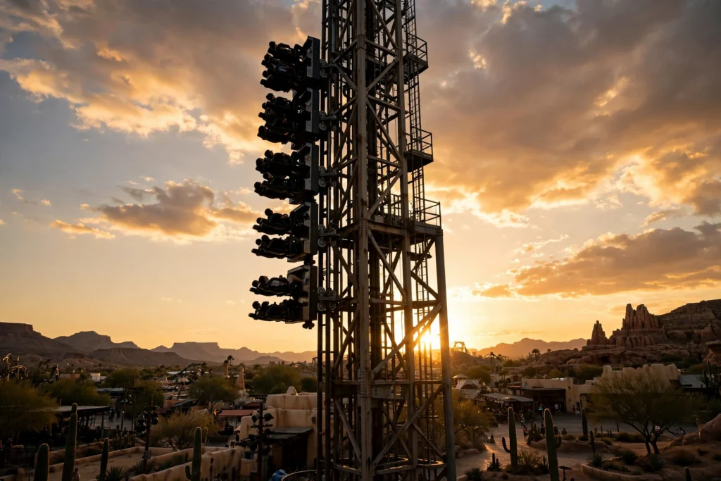 Coaster train tilted near-vertical on the Iron Rattler tilt tower