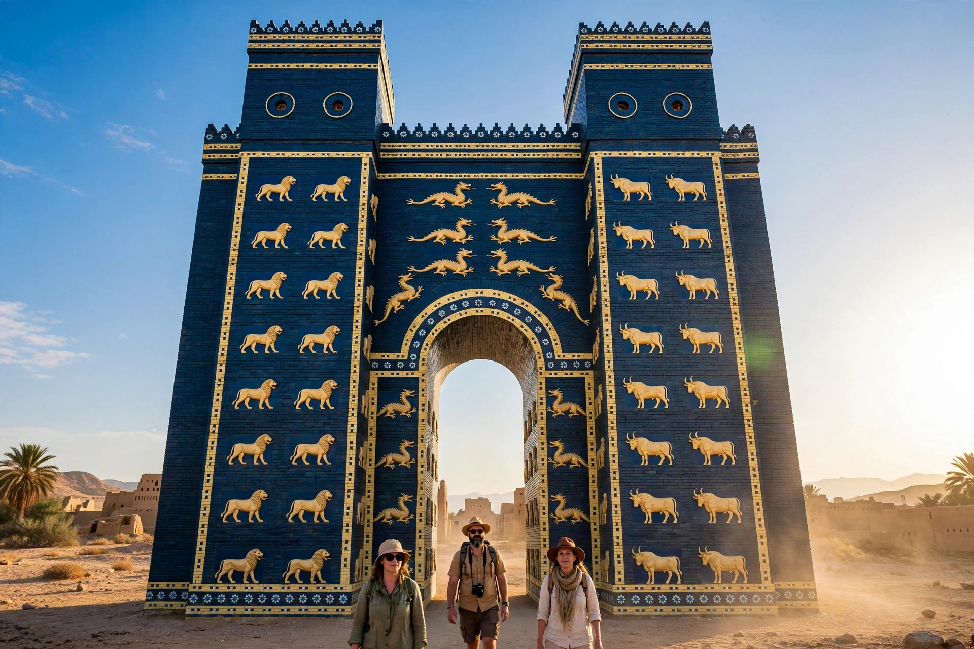 The reconstructed Ishtar Gate of Babylon, Iraq, with blue glazed brick walls and lion reliefs at golden hour