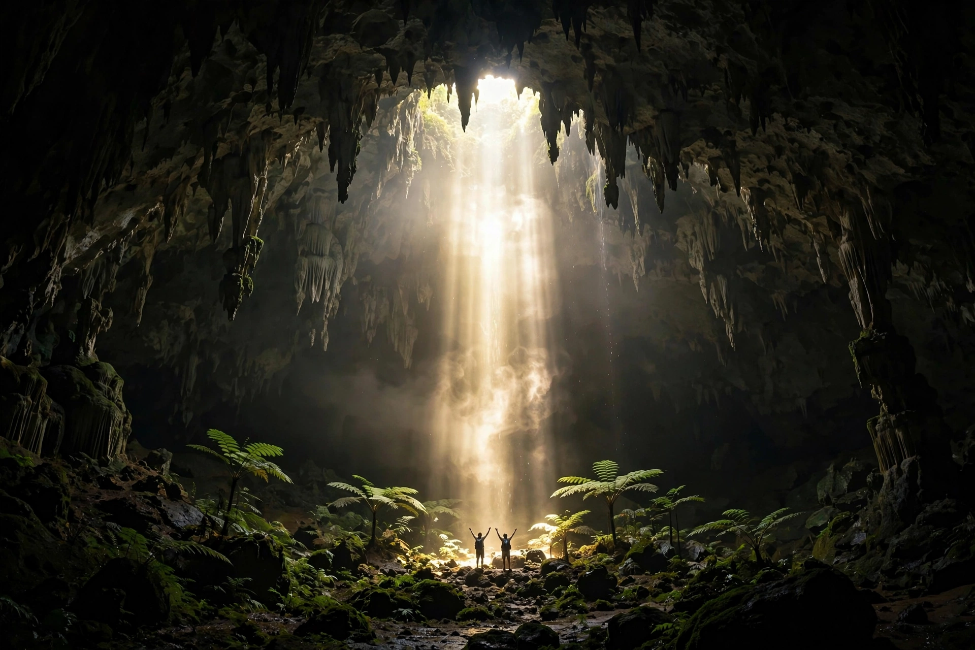 The Light of Heaven, a brilliant beam of sunlight piercing the dark ceiling of Grubug Cave in Indonesia