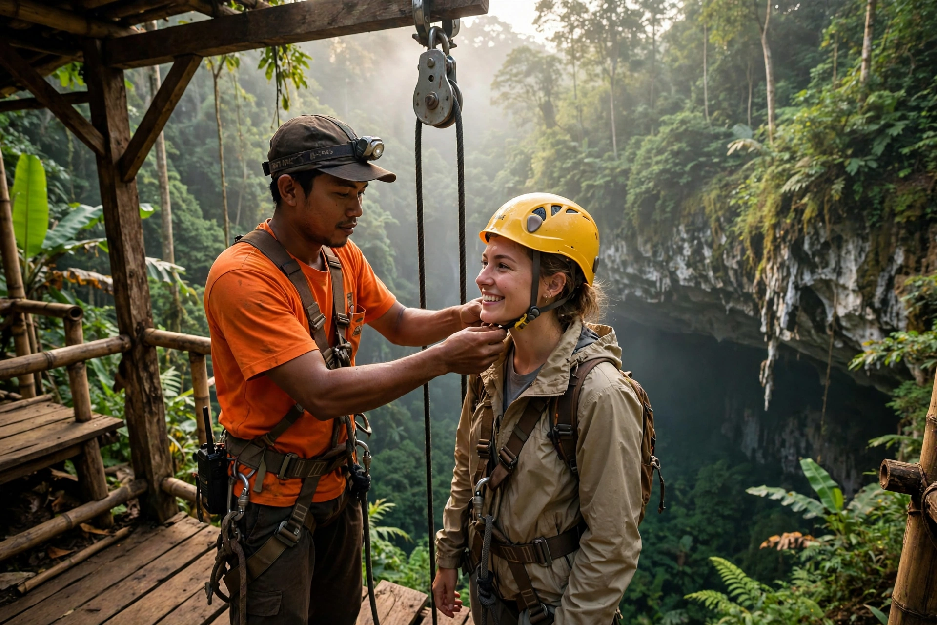 A guide fitting a safety harness and helmet on a traveler at the Jomblang Cave descent platform in Indonesia