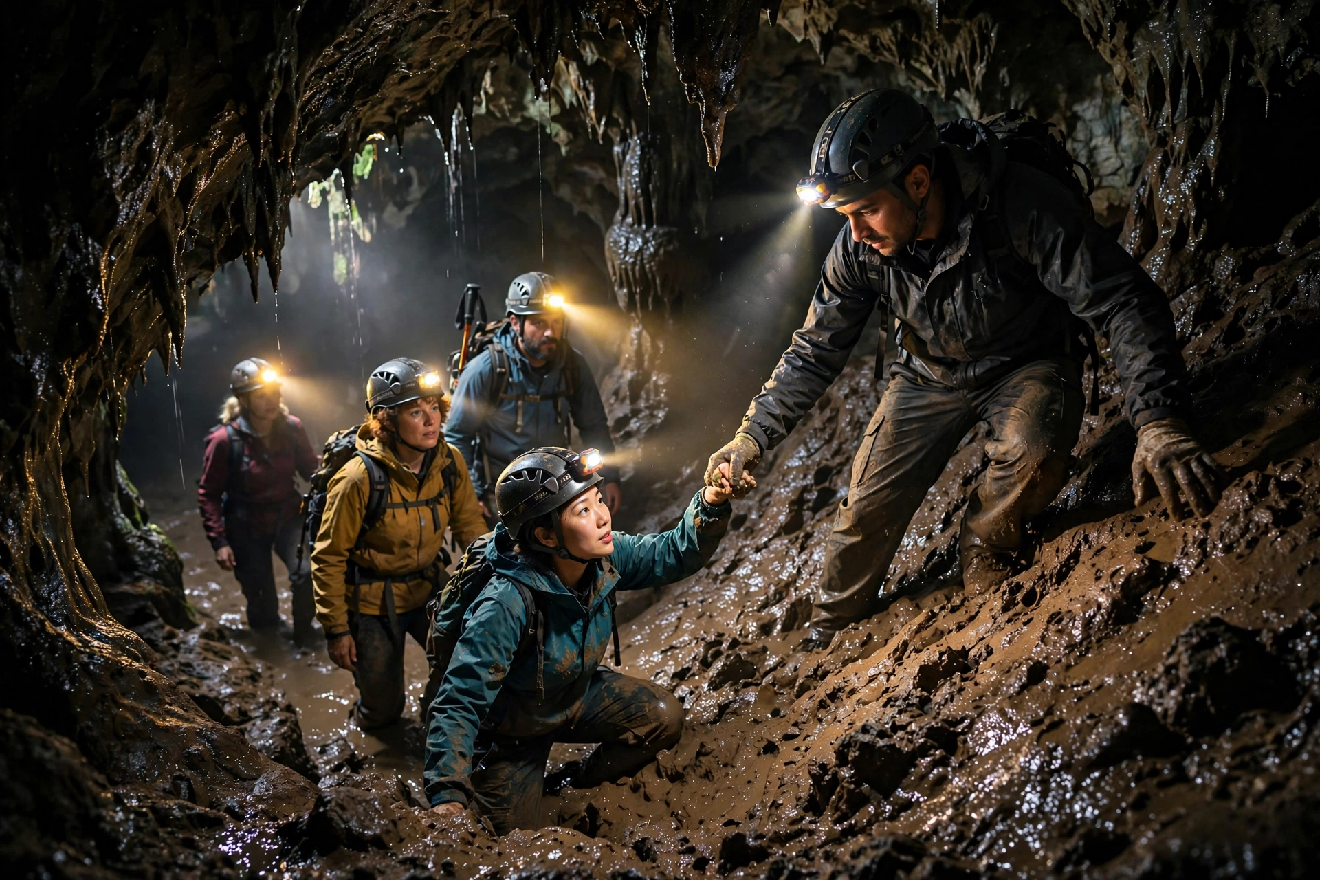 Helmeted explorers with headlamps wading through the dark muddy tunnel between Jomblang and Grubug caves
