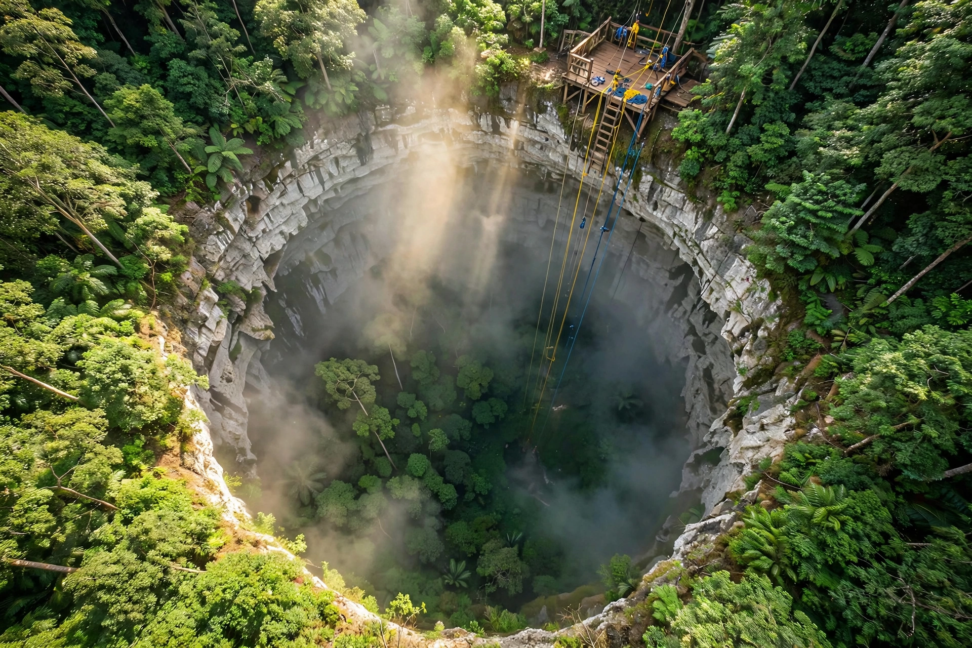 Aerial view of the massive circular sinkhole mouth of Jomblang Cave in Java surrounded by tropical forest
