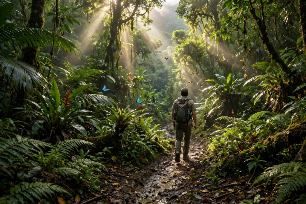 A trekker with a backpack walking a narrow muddy trail through dense tropical rainforest in Colombia's Sierra Nevada de Santa Marta