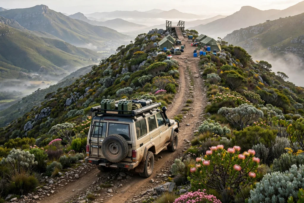 4x4 vehicle driving guests up the Klein Swartberg mountain to the K3 zipline launch point near Caledon