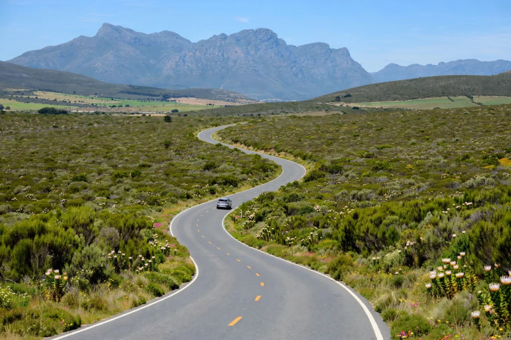 The N2 highway through Western Cape fynbos countryside on the road from Cape Town to Caledon