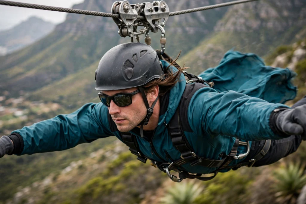 Close-up of a rider in superman position mid-flight on the K3 zipline at speeds up to 150 km/h
