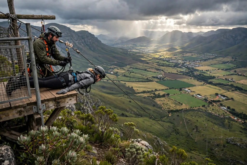 Guide harnessing a rider in superman position at The Nest launch platform on the K3 zipline summit, Caledon South Africa