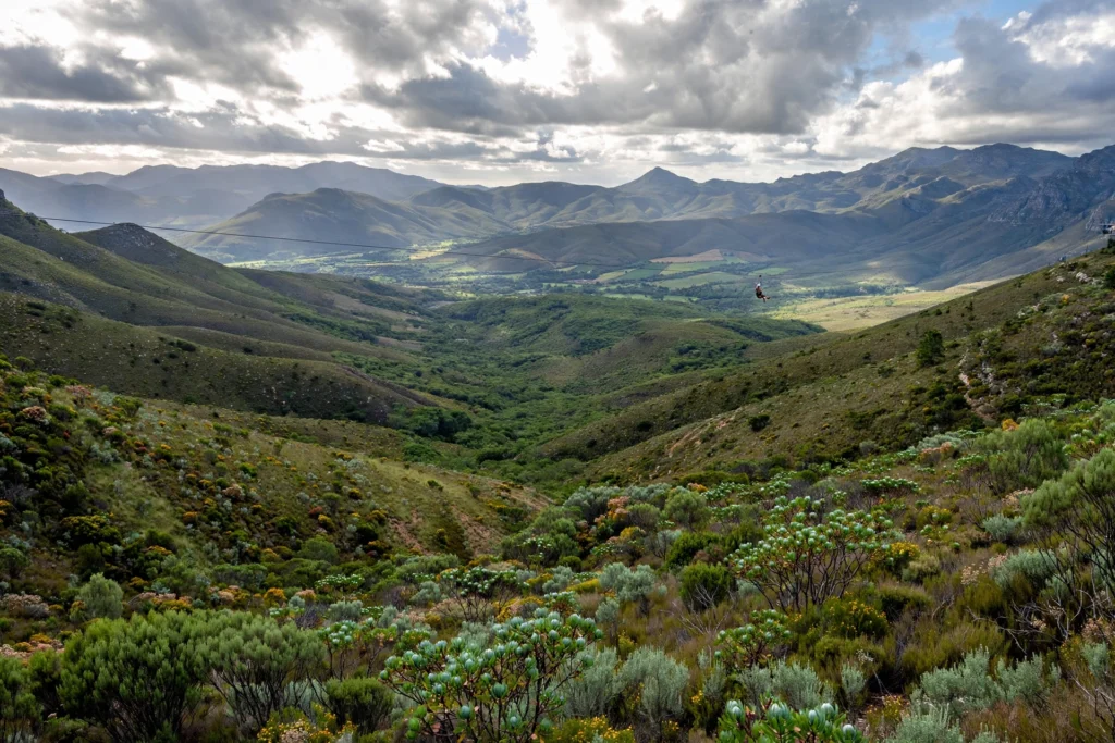 Panoramic view of the Overberg valley with the K3 zipline cable crossing high above the fynbos