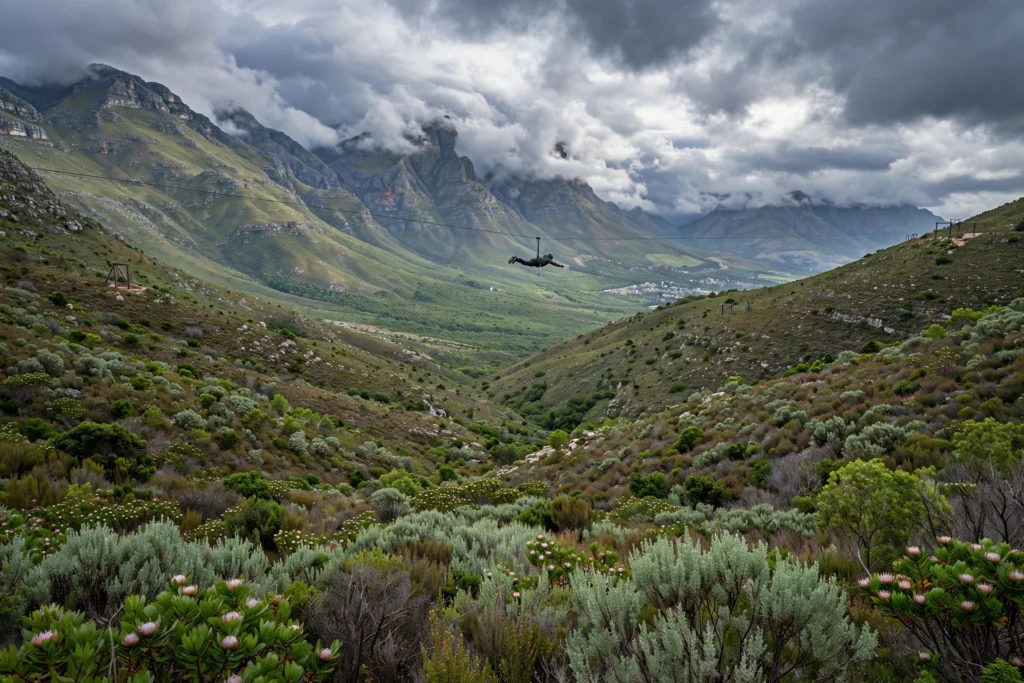 Zipline rider in superman position flying across the Overberg mountains on the K3, the world's longest single zipline