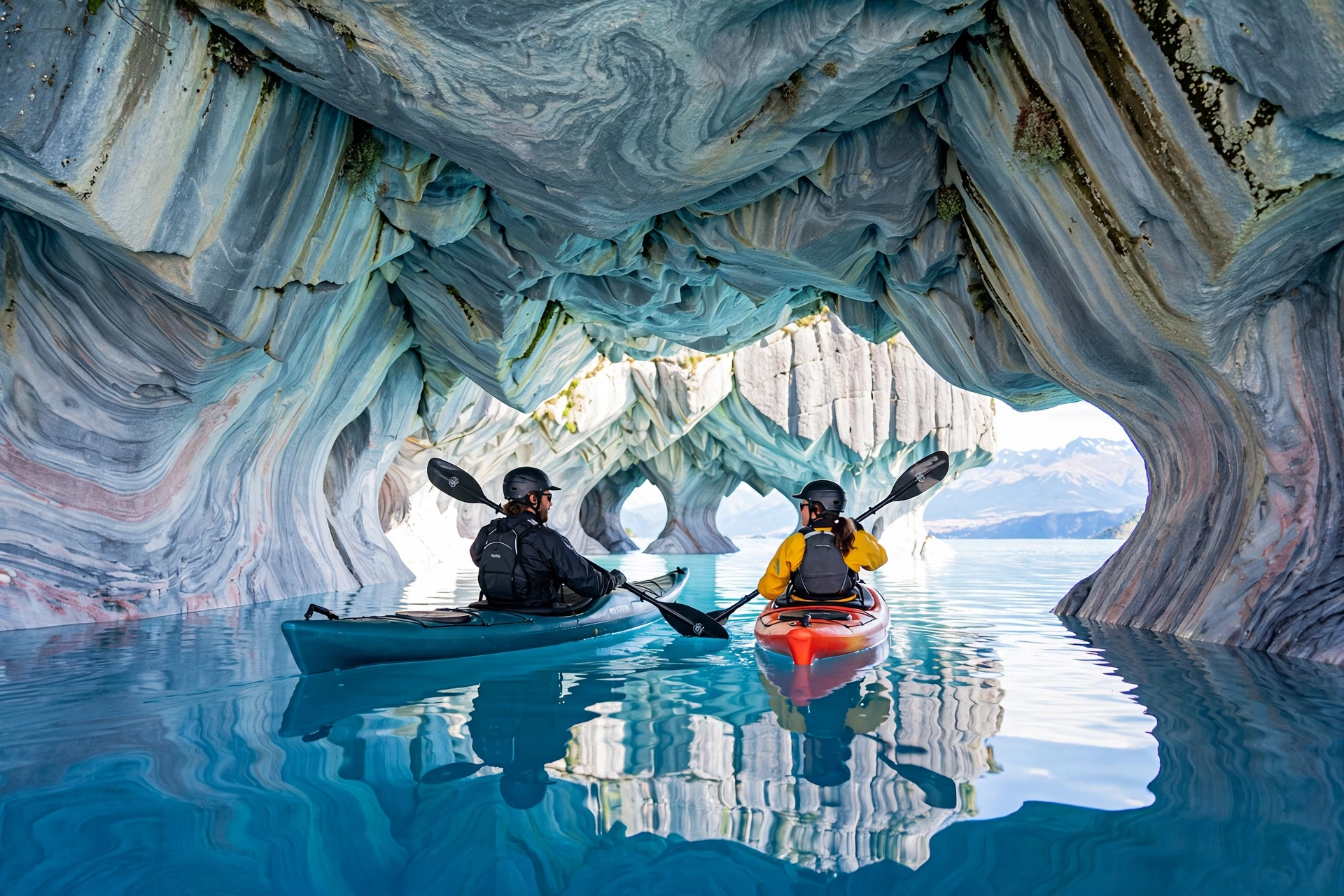 Kayakers paddling through a marble tunnel toward the Marble Cathedral on Lago General Carrera