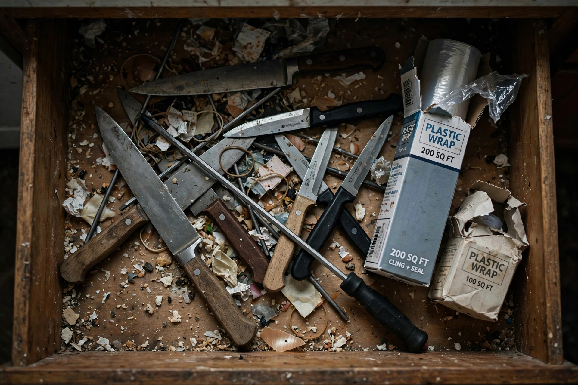 A cluttered kitchen drawer with loose knives tangled together, the unsafe storage most of us settle for