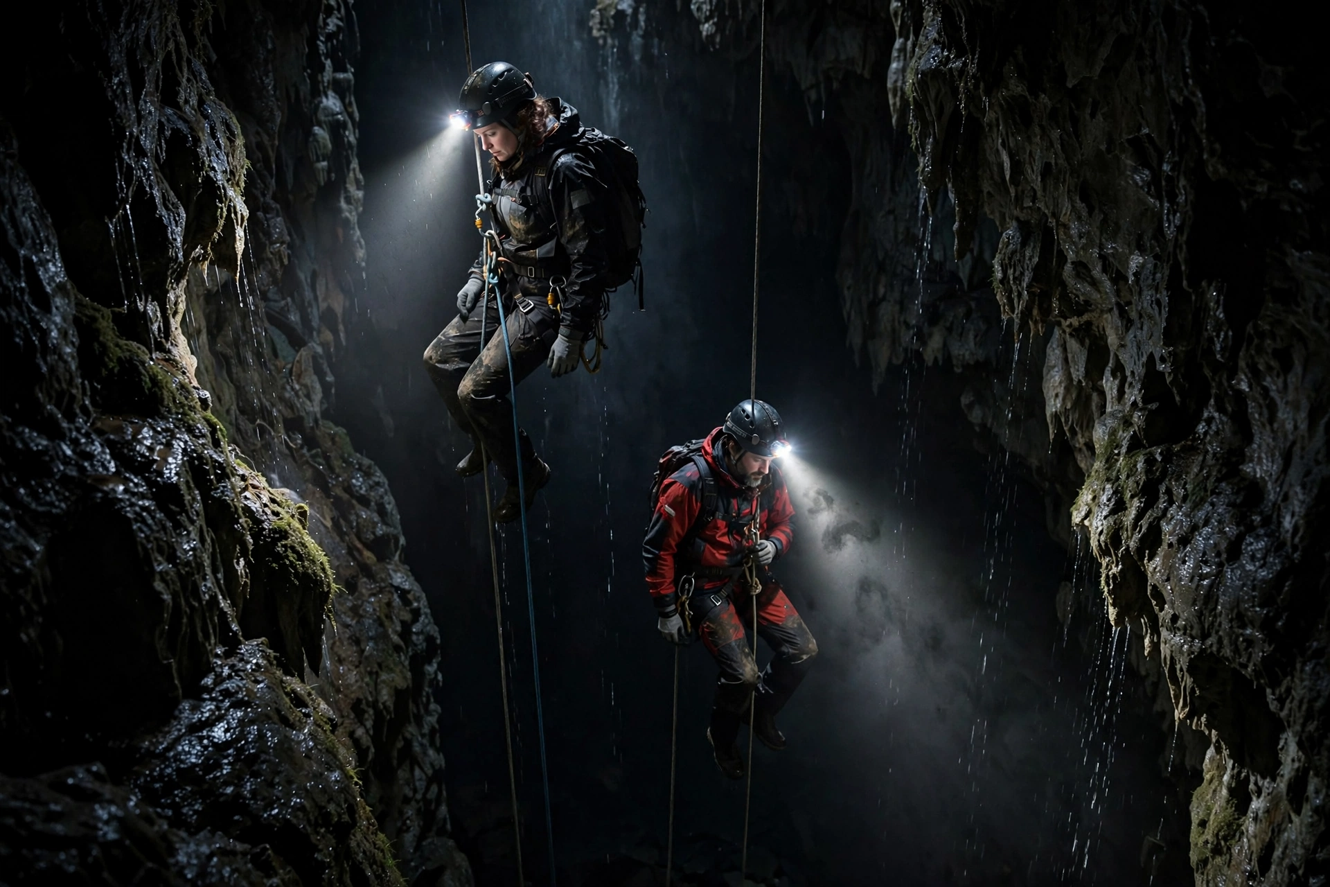 Cavers descending on rope into the vertical abyss of Krubera Cave, headlamps on