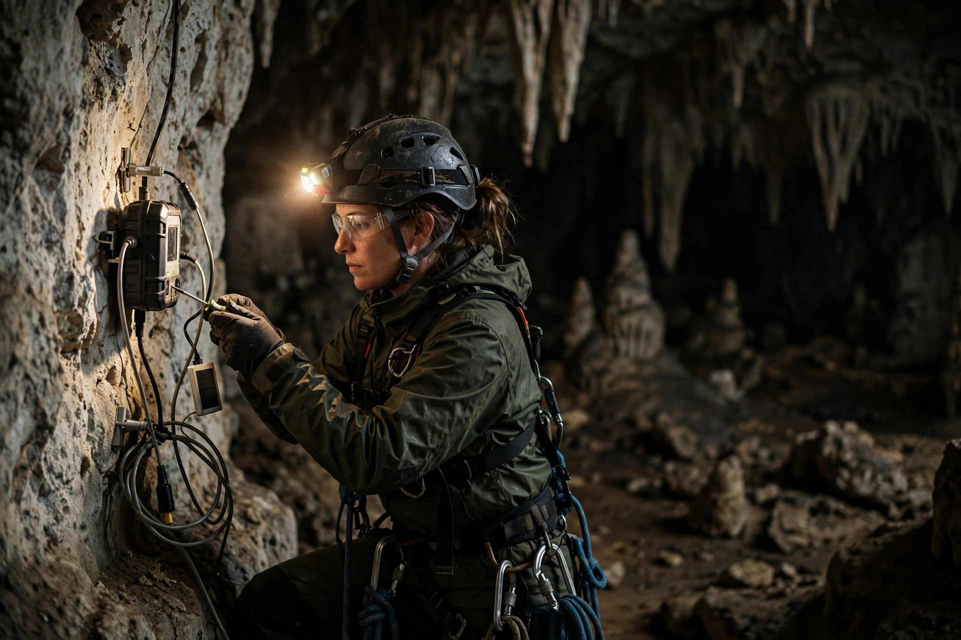 Scientist installing a monitoring station on a limestone cave wall deep underground