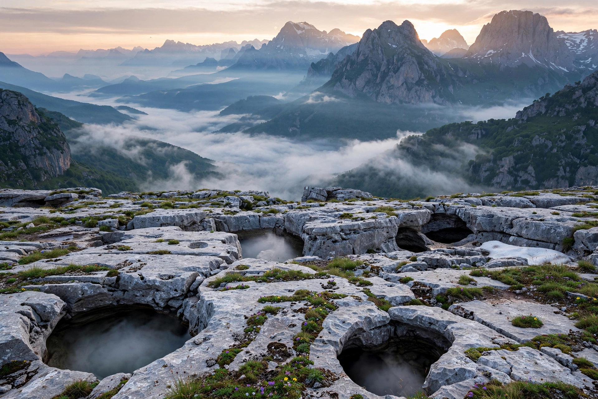 Limestone plateau of the Arabika massif at dawn, alpine landscape with cave entrance area