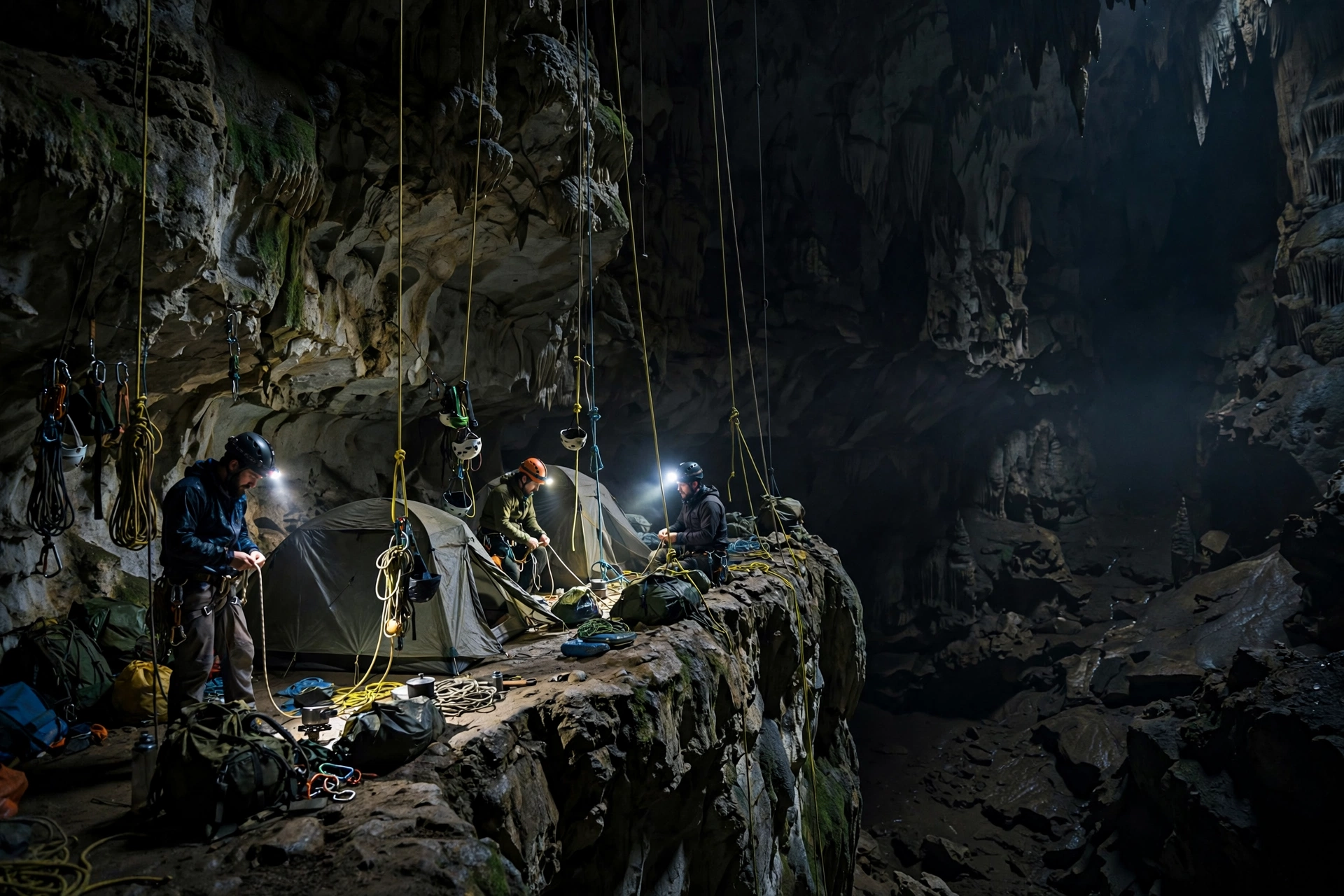 Underground expedition camp with tents on a rock ledge deep inside a cave