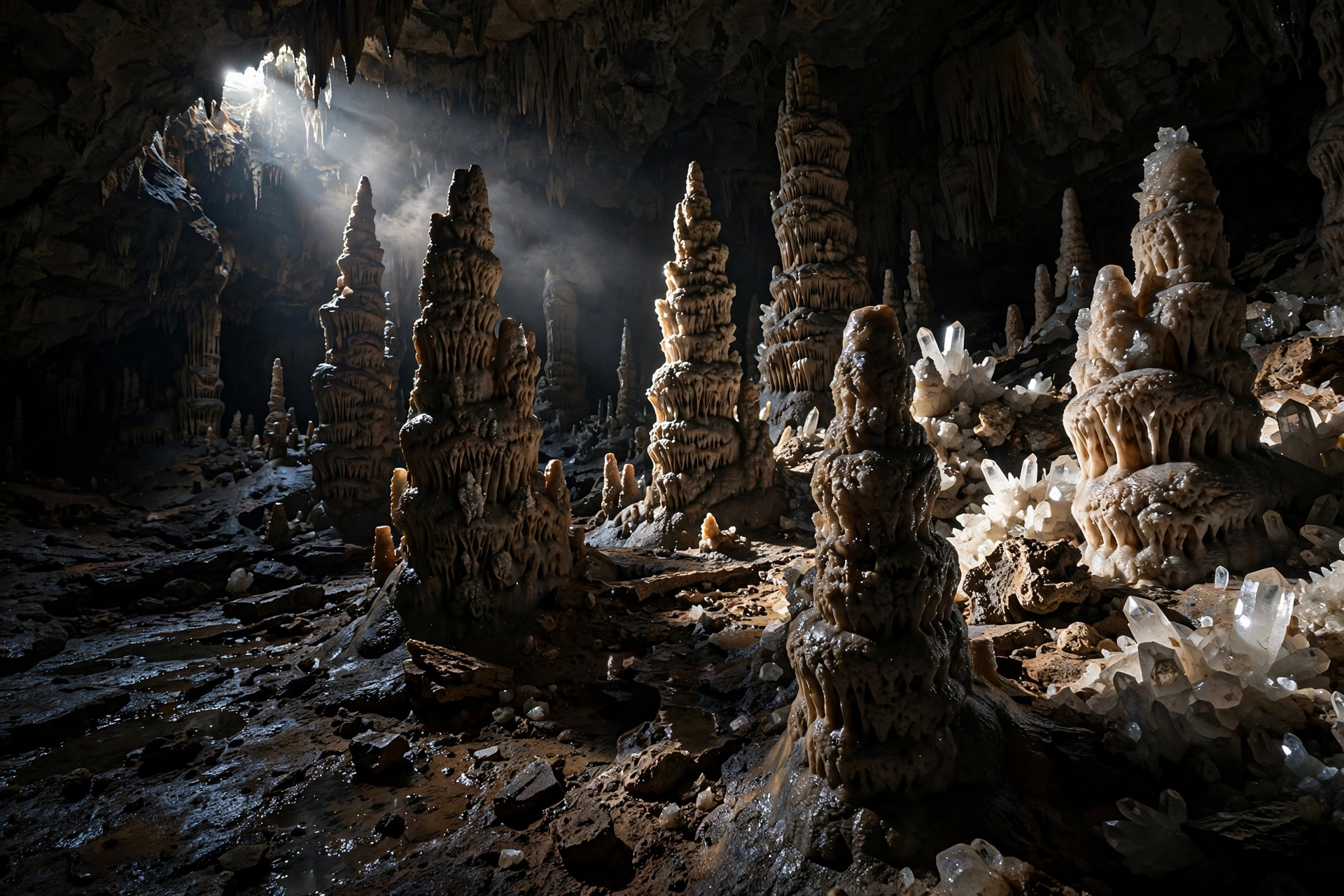 Towering stalagmites and crystal formations in a vast deep cave chamber