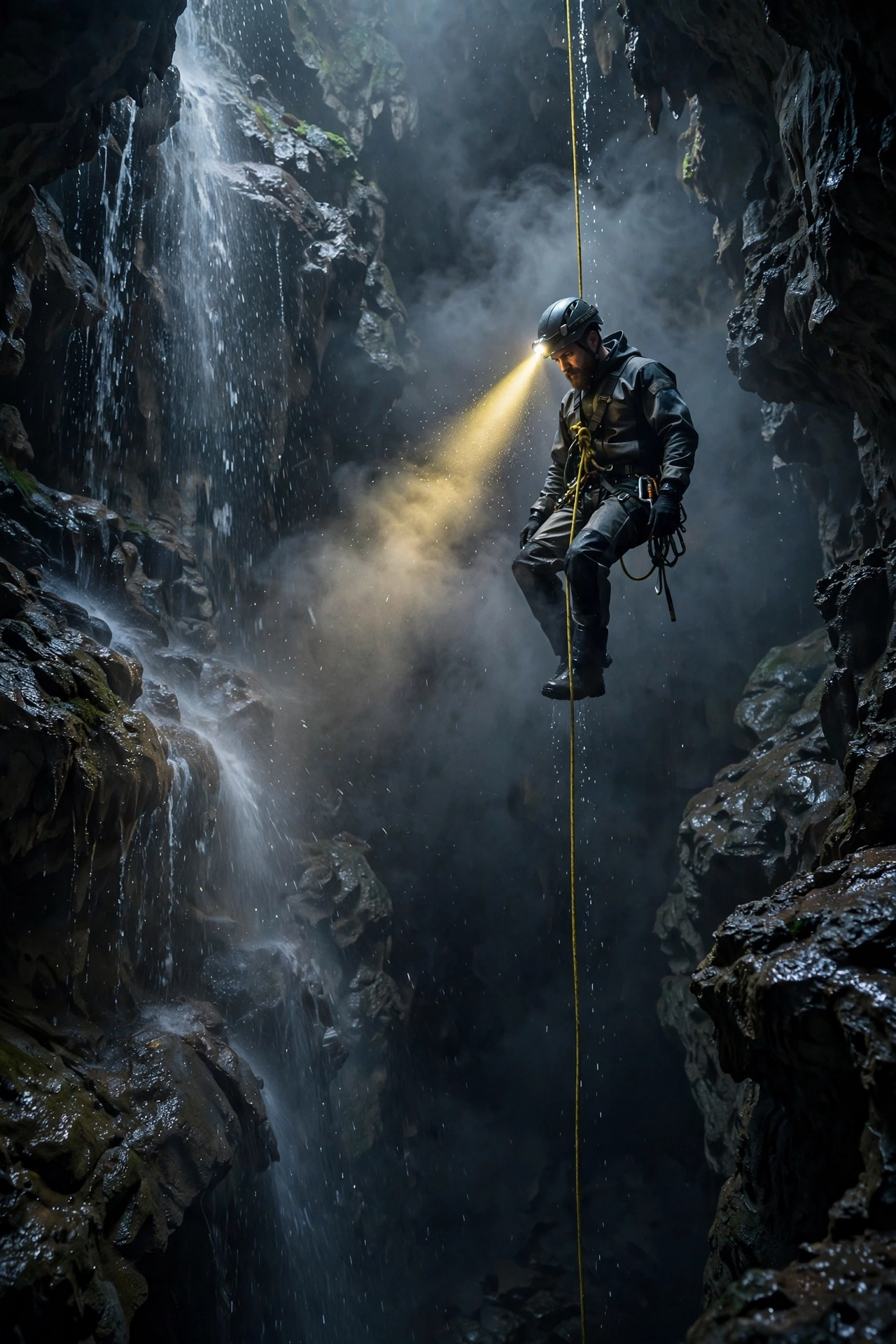 Caver on rope descending past mist and water in a deep vertical cave pit