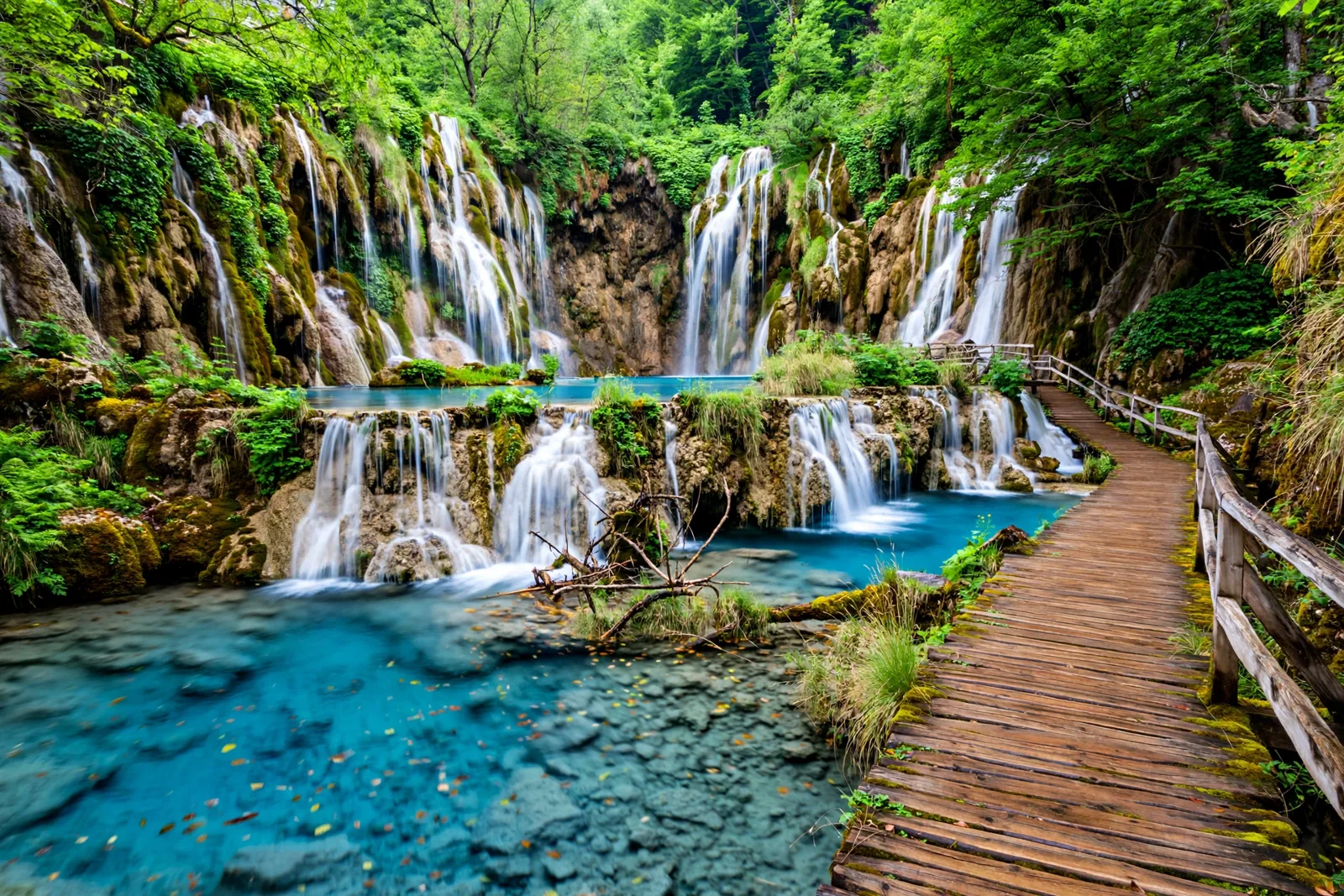 Krushuna waterfalls in Bulgaria, turquoise water cascading over travertine terraces into clear blue pools