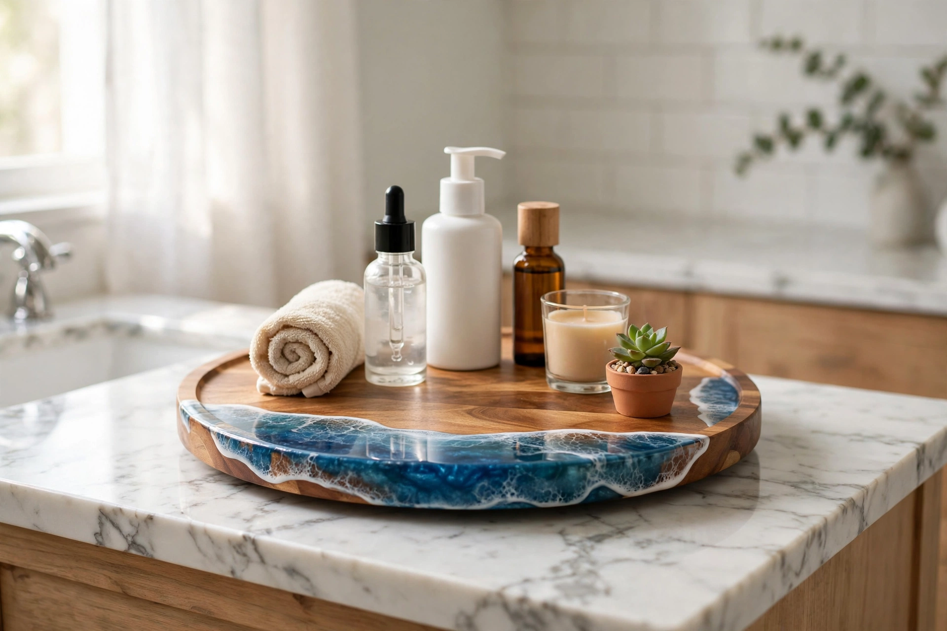 Acacia wood lazy susan on a marble bathroom counter holding skincare bottles, candle and small succulent