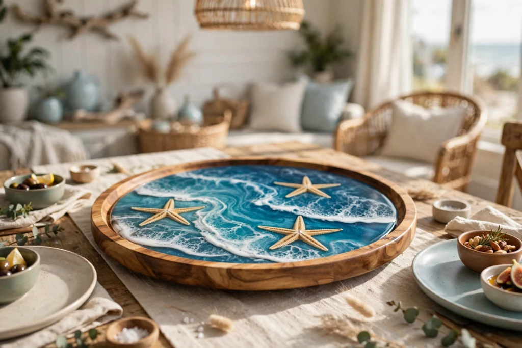 Handmade beach resin lazy susan, 12-inch acacia wood turntable with ocean wave epoxy resin art and starfish