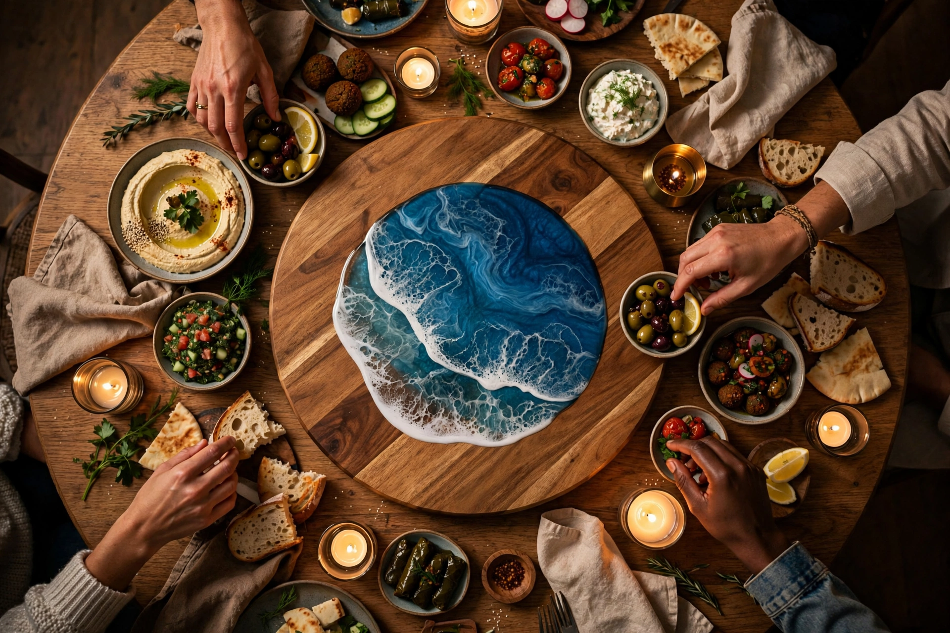 Overhead view of dinner party table with ocean resin lazy susan holding shared dishes as guests reach for food