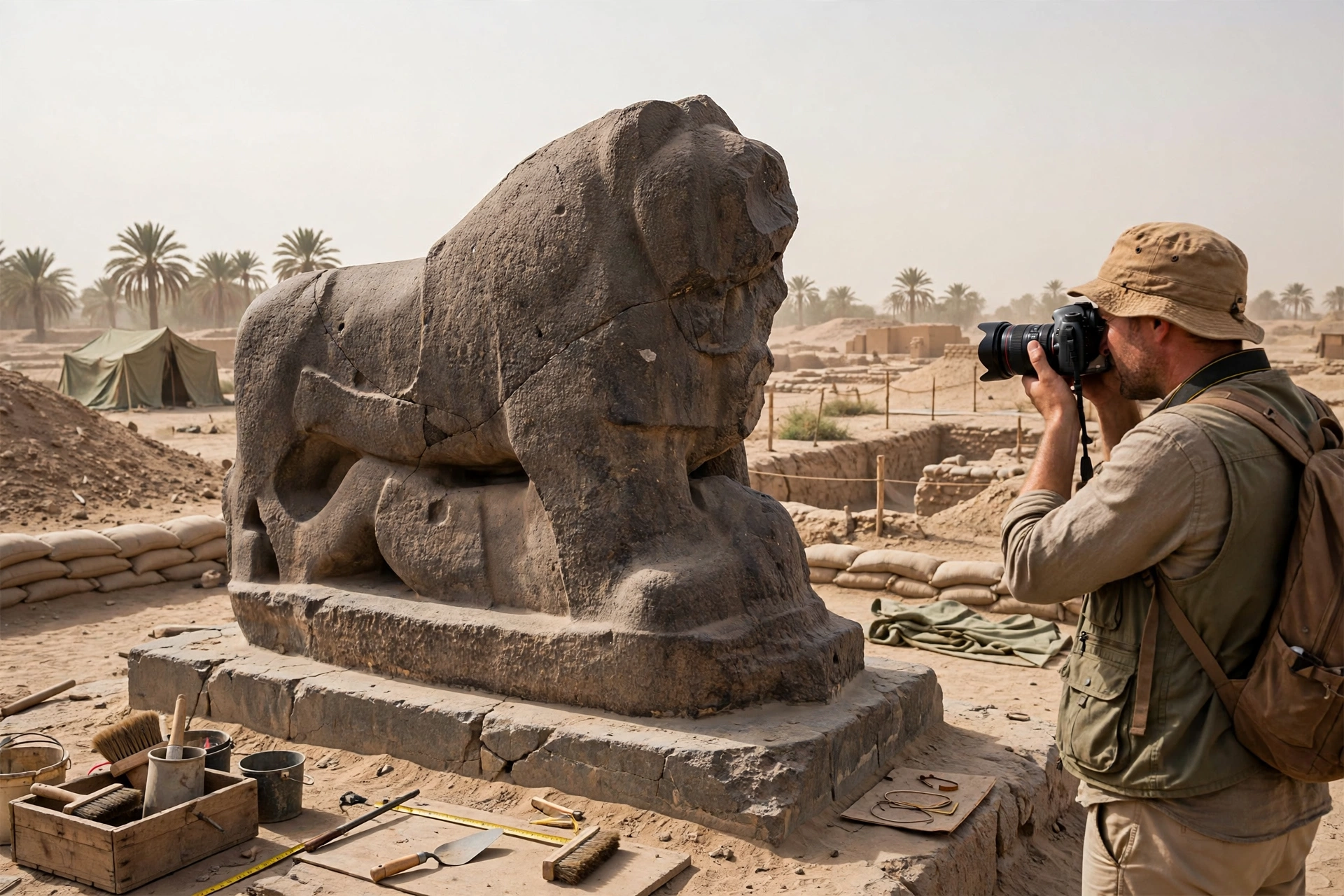 The ancient Lion of Babylon basalt statue standing in the desert sun at the archaeological site