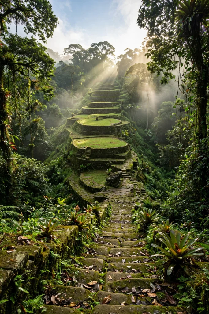 Ancient circular stone terraces of Ciudad Perdida, Colombia's Lost City, rising through the misty Sierra Nevada jungle with moss-covered stone steps
