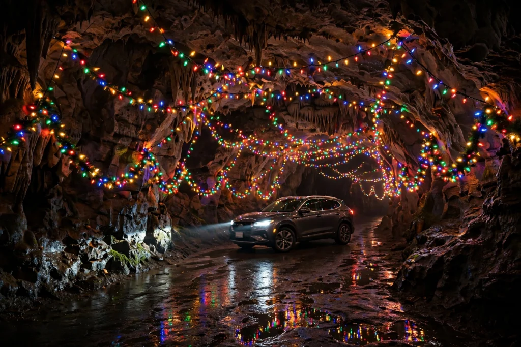 A car driving through a tunnel of dense multicolor Christmas lights inside a limestone cavern during Lights Under Louisville